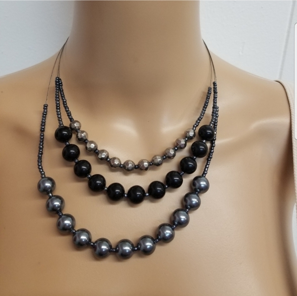 VINTAGE SILVER, BLACK & BLUE BEADED WIRE LAYERED NECKLACE